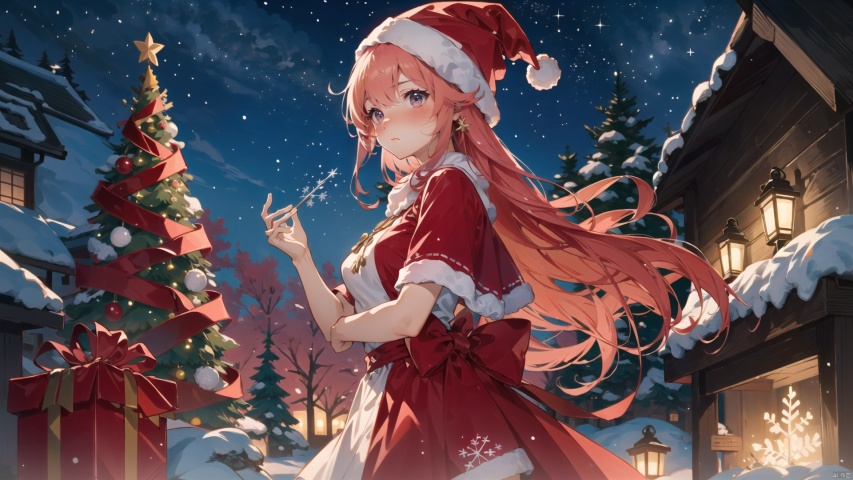  masterpiece,best quality,1women,goddess, pink hair, very long hair,hidden hands,,Christmas tree, gift, decorations, snowflakes, warm colors, soft focus, christmas, tutututu, nahida
masterpiece, best quality, (silhouette:1.25), Warm tone, Santa hat, red skirt, medium breasts, Night, stars, starry sky, ((clear background)),yaemikodef