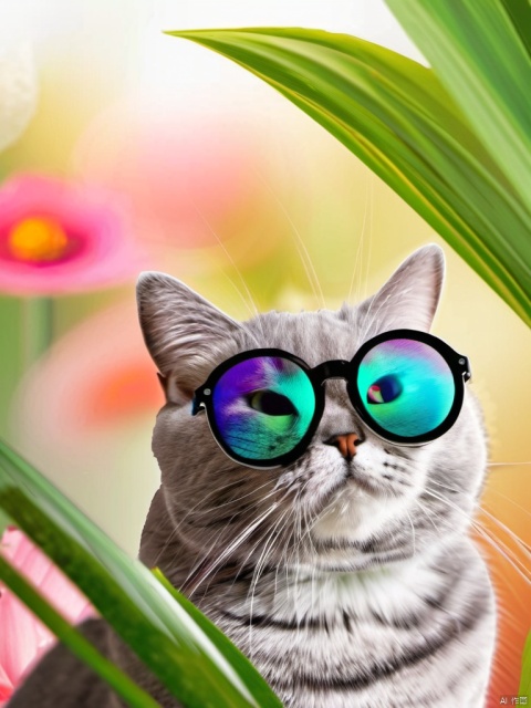  AP,animal,no humans,cat,animal focus,british shorthair,colorful headscarf,plant pattern,white background,solo,realistic,simple background,round eyewear,blurry,