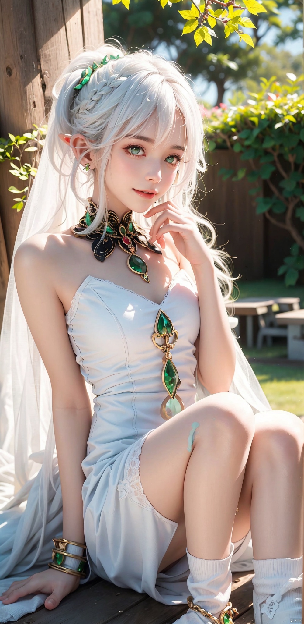  masterpieces, best quality, 1 girl, smile, mature woman, room, green eyes, dress, white dress, long hair, stirrup leg socks, pointed ears, colorful hair, side ponytail, jewelry, white hair, gradient hair, tree, symbolic pupils, hair accessories,