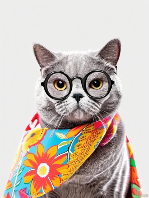  AP,animal,no humans,cat,animal focus,british shorthair,colorful headscarf,plant pattern,white background,solo,realistic,simple background,round eyewear,blurry,