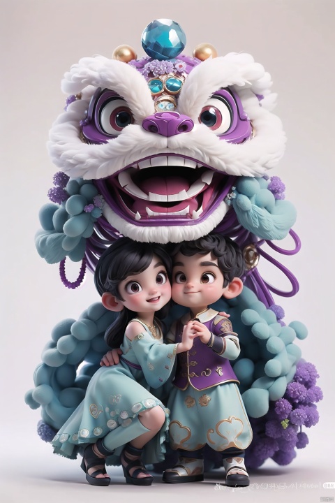  Masterpiece, Best Picture Quality, A Cute Boy and a Beautiful Girl, Embracing Couple in Couple Dress, Happy Expression, Crystal Texture, Exaggerated Actions, Facing the Audience, Eighth Degree Rendering, Blue Dress, Black Hair, Outdoor, Popular Supermarket, Full Body, Purple Hat, Simple Background