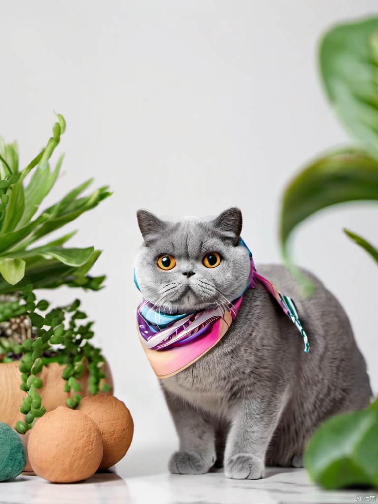  AP,animal,no humans,cat,animal focus,british shorthair,colorful headscarf,plant pattern,white background,solo,realistic,simple background,round eyewear,blurry,