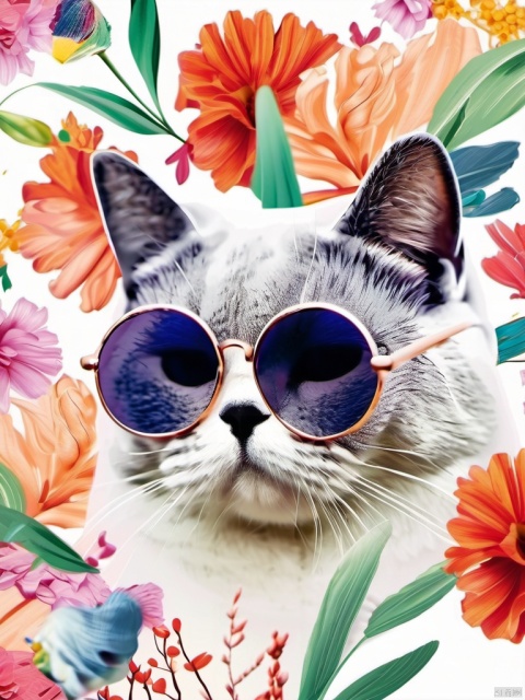  AP,animal,no humans,cat,animal focus,british shorthair,colorful headscarf,plant pattern,white background,solo,realistic,simple background,round eyewear,blurry,