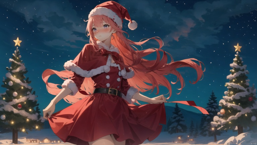  masterpiece,best quality,1women,goddess, pink hair, very long hair,hidden hands,,Christmas tree, gift, decorations, snowflakes, warm colors, soft focus, christmas, tutututu, nahida
masterpiece, best quality, (silhouette:1.25), Warm tone, Santa hat, red skirt, medium breasts, Night, stars, starry sky, ((clear background)),yaemikodef