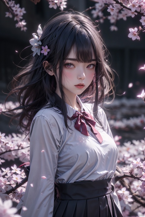  cherry_blossoms, falling_petals, solo,1girl,upper body, looking at viewer, school uniform,