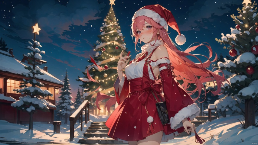  masterpiece,best quality,1women,goddess, pink hair, very long hair,hidden hands,,Christmas tree, gift, decorations, snowflakes, warm colors, soft focus, christmas, tutututu, nahida
masterpiece, best quality, (silhouette:1.25), Warm tone, Santa hat, red skirt, medium breasts, Night, stars, starry sky, ((clear background)),yaemikodef