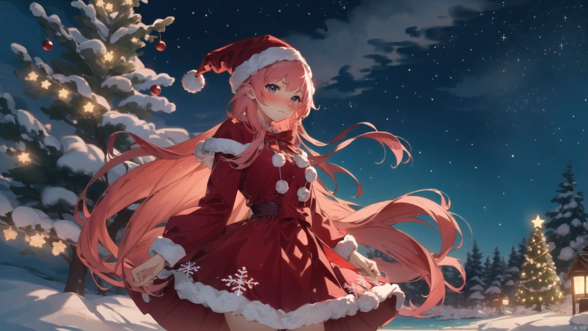  masterpiece,best quality,1women,goddess, pink hair, very long hair,hidden hands,,Christmas tree, gift, decorations, snowflakes, warm colors, soft focus, christmas, tutututu, nahida
masterpiece, best quality, (silhouette:1.25), Warm tone, Santa hat, red skirt, medium breasts, Night, stars, starry sky, ((clear background)),yaemikodef