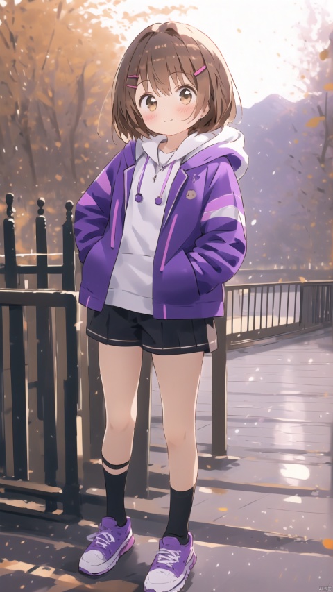 1girl, solo, looking at viewer, blush, short hair, bangs, brown hair, hair ornament, long sleeves, brown eyes, closed mouth, standing, jacket, full body, outdoors, open clothes, shoes, shorts, socks, hairclip, hood, open jacket, short shorts, hoodie, hood down, black socks, building, sneakers, clothes writing, hands in pockets, drawstring, purple jacket, purple footwear