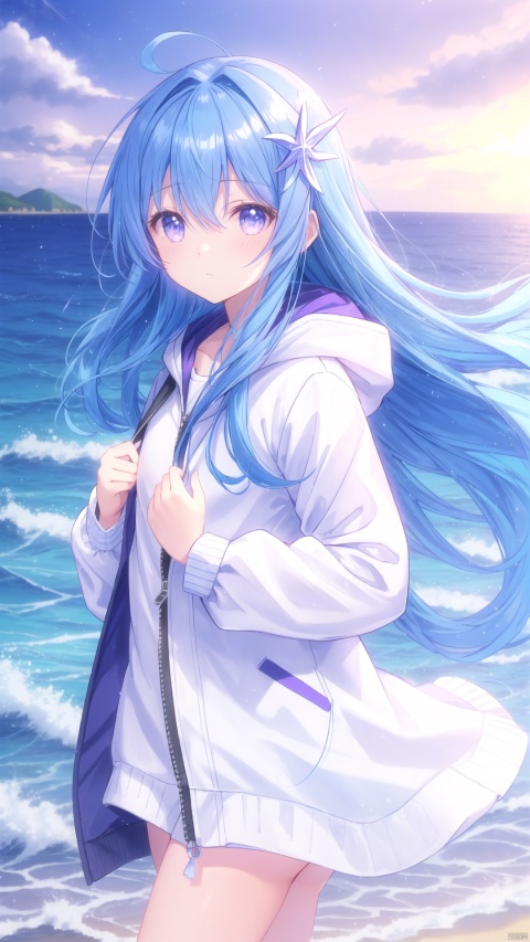  1girl, solo, long hair, looking at viewer, blush, bangs, blue eyes, hair ornament, long sleeves, hair between eyes, closed mouth, blue hair, standing, purple eyes, jacket, outdoors, looking back, hand up, hood, water, floating hair, ocean, beach, white jacket, cozy animation scenes, cozy anime, kanade