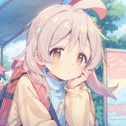 (anime style),  (anime screen), portrait, close up, white hair, red eyes, anime style,  1girl,  solo,  long hair,  looking at viewer,  hair,  blurry,  closed mouth,  blurry background,  jacket,  outdoors,  bag,  blush,  bangs,  long sleeves,  upper body,  backpack,  hand up,  hand on own face,  head rest,  depth of field,  hand on own cheek,  cloud,cuteloli,mahiro