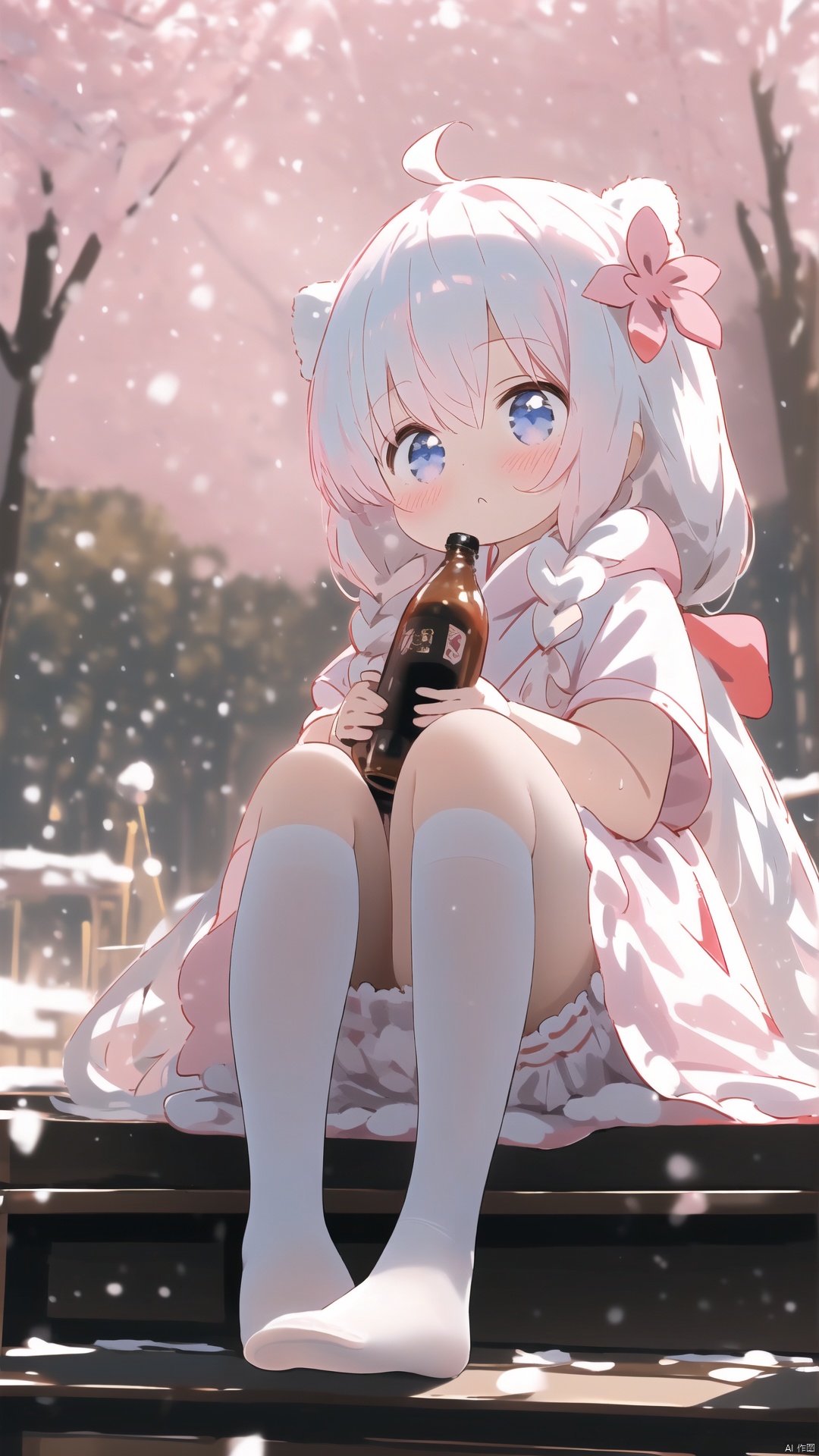  [March 7th_{{{loli}}},solo,{{{bloomers}}},{{{pink hanfu,east_asian_architecture,chinese_style,}}},{{{foot on bonfire}}},blush,bangs,{{{holding milk bottle}}},{{{drinking milk}}},{{{bloomers}}},sitting,warm at a fire,{{{white pantyhose,no shoes,soles}}}, outdoors,depth of blurry,tree,headwear, snowing, winter,chinese commentary,best quality, amazing quality, very aesthetic, absurdres,