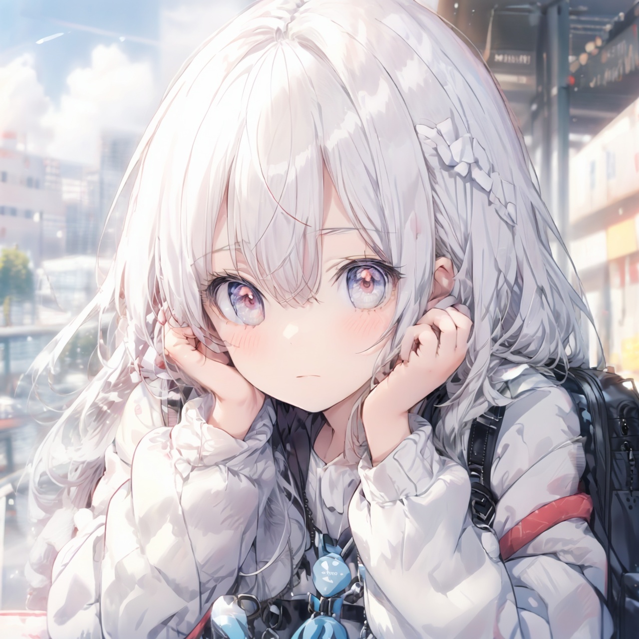 (anime style),  (anime screen), portrait, close up, white-purple hair, red eyes, anime style,  1girl,  solo,  long hair,  looking at viewer,  hair,  blurry,  closed mouth,  blurry background,  jacket,  outdoors,  bag,  blush,  bangs,  long sleeves,  upper body,  backpack,  hand up,  hand on own face,  head rest,  depth of field,  hand on own cheek,  cloud,cuteloli,niji
