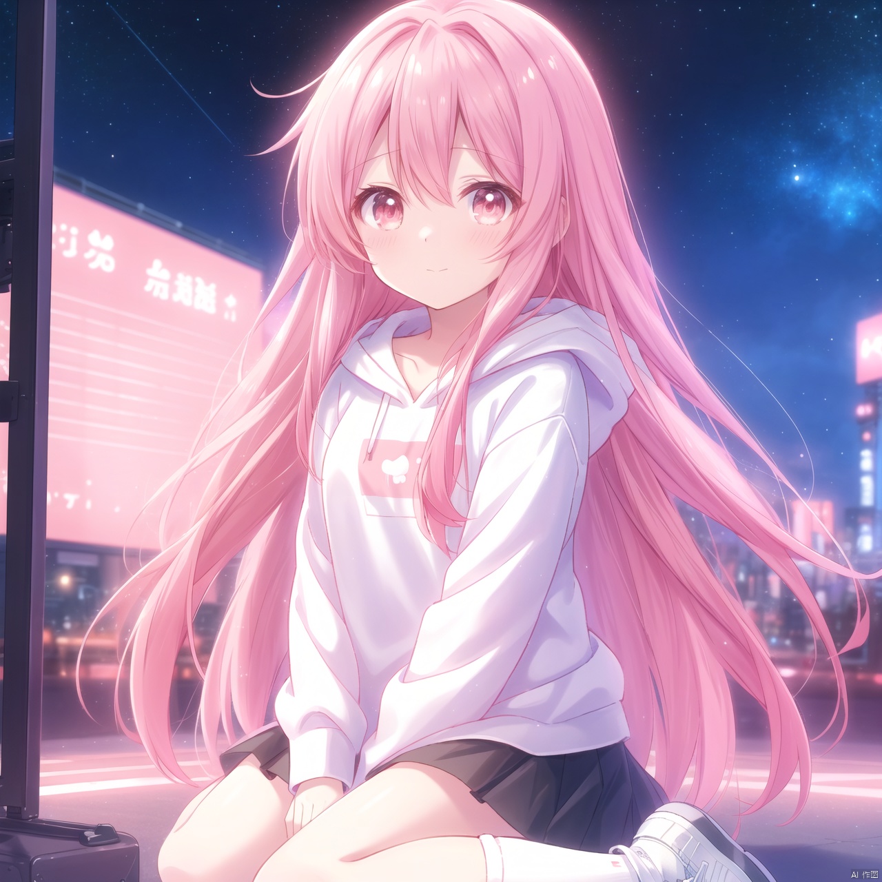 (1girl:0.6),thin,very long hair,dark pink hair,light eyes,small breasts,white_hoodie,black skirt,(wrinkled white socks),(sneakers),closed mouth,(happy),star,(nebula),star_(sky), building,street,cityscape,masterpiece,best quality,official art,extremely detailed CG unity 8k wallpaper,cozy anime, cuteloli, (anime style), (anime screen), portrait, close up, pink hair, red eyes, anime style, 1girl, solo, long hair, looking at viewer, hair, blurry, blurry background, blush, bangs, depth of field,cuteloli,mahiro, mahiro,little loli