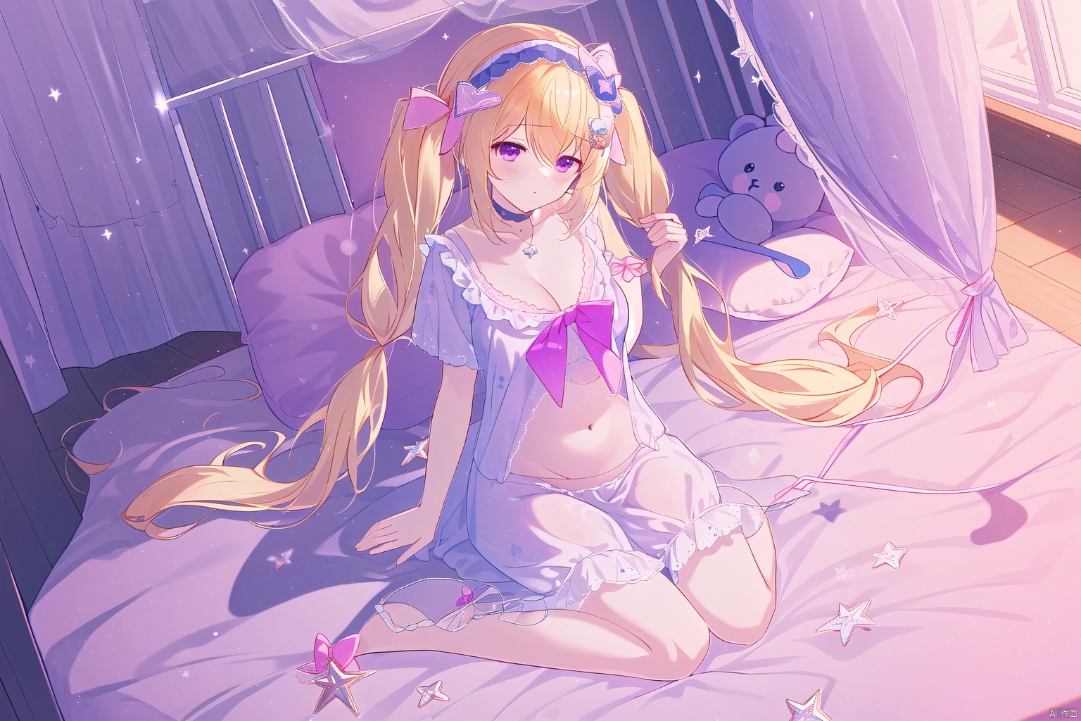  (extremely detailed CG unity 8k wallpaper),(((masterpiece))), (((best quality))), ((ultra-detailed)), (best illustration),(best shadow), ((an extremely delicate and beautiful)),1girl, solo, long hair, breasts, looking at viewer, bangs, blonde hair, hair ornament, bow, navel, twintails, jewelry, sitting, very long hair, underwear, purple eyes, full body, hair bow, hairband, choker, necklace, star \(symbol\), character name, official alternate costume, bed, stuffed toy, stuffed animal, pink bow, babydoll, nightgown, sleep mask