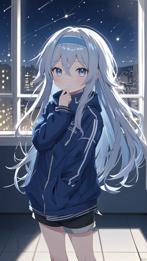  1girl, solo, long hair, looking at viewer, smile, bangs, blue eyes, long sleeves, dress, hair between eyes, closed mouth, grey hair, hairband, sky, indoors, window, night, night sky, 1girl, solo, long hair, looking at viewer, hair, blurry, blurry background, blush, bangs, depth of field,cuteloli,solo,long hair,blue eyes,shirt,hair between eyes,very long hair,blue hair,standing,jacket,,shorts,short shorts,,blue jacket,track jacket,chibi, kanade