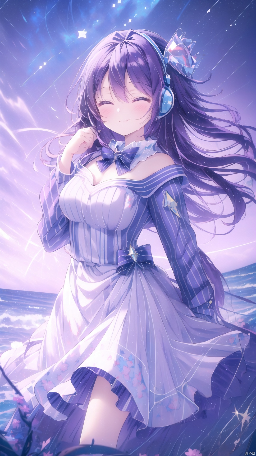 ￼
 ((masterpiece, best quality)),beautiful detailed lighting.
detailed sea,water splashes,beautiful clear sky,
(starry tornado:1.4),starry Nebula,beautiful detailed sky,fine_fabric_emphasis,starry sky,constellations spinning, 1girl, solo, long hair, breasts, looking at viewer, blush, smile, bangs, hair ornament, long sleeves, dress, bow, hair between eyes, closed mouth, standing, purple eyes, purple hair, flower, hair bow, outdoors, sky, day, striped, cloud, hair flower, bowtie, white dress, two side up, hands up, headphones, blue bow, hair intakes, purple bow, striped bow