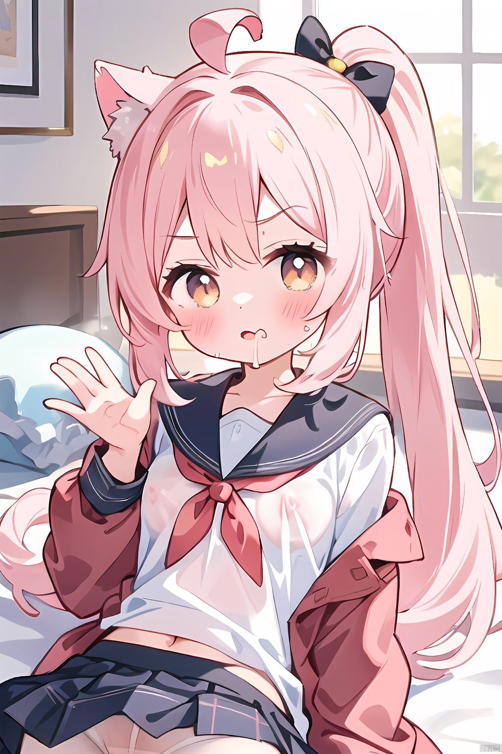  1girl, solo, long hair, looking at viewer, blush, bangs, long sleeves, holding, anime,brown eyes, closed mouth, jacket, upper body, pink hair, ahoge, frills, puffy sleeves, indoors, animal ear fluff, chinese clothes, :<, puffy long sleeves, pink jacket, oyama_mahiro,torn pantyhose,High ponytail, white shirt, plaid skirt, school uniform, sunshine, ((sit in bed),JK_style,white pantyhose,open_legs,giant_boobs,hands are touching boobs,clitoris,no underpants,naked,yuyao, shirt_lift, skirt_lift,see-through dress,girl,hip focus,pov crotch,from the Side below,full body,indoors,realistic,highres,white_hair,red_eyes,eye contact,smile,on stomach,on side,pain,knees to chest,miniskirt,White Pantyhose,azur lane,dress,behisheroine,fairy tale girl,Torn pantyhose,soft, white pantyhose,1girl, Delicate Beautiful Attractive Face, Alluring Eyes, loss lights Pupils, Long Eyelashes, Thin Eyebrows, (Rolling Eyes, Fucked Silly:1.05), Open Mouth, Tongue Out, Saliva, Drooling, shy smalle Breasts, Layered Long Straight Hairstyle, Parted Bangs, (Forehead:0.8), Skindentation,(half Nude:1.1), Nipples, Obliques, *****, On Bed Sheet, Unconscious, Lying On Back, Spread Legs, Arms Outstretched, (After Sex:1.4), (Highest Quality, Amazing Details:1.2), (Solo:1.3), Remove Harsh Shadows,ahoge