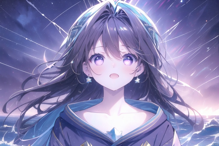  ((masterpiece, best quality)),beautiful detailed lighting.
detailed sea,water splashes,beautiful clear sky,
(starry tornado:1.4),starry Nebula,beautiful detailed sky,fine_fabric_emphasis,starry sky,constellations spinning, 1girl, solo, long hair, looking at viewer, blush, open mouth, bangs, hair between eyes, purple eyes, jacket, upper body, white hair, teeth, cum, facial, crossed bangs, suggestive fluid