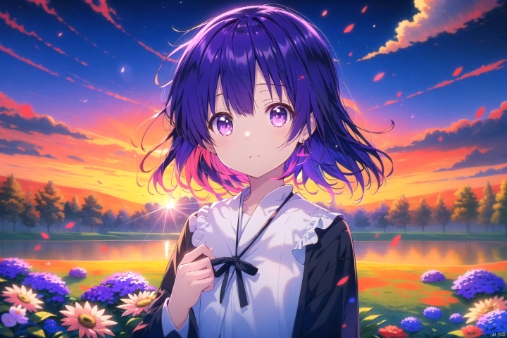 (masterpiece), (best quality), illustration, ultra detailed, hdr, Depth of field, (colorful),[miwano rag],[wlop],[[wakaba]],[haneru],deyui, 1girl, eyepatch, virtual youtuber, looking at viewer, solo, purple eyes, black shirt, sunny,sky,start!! true dreams (love live!),traditional media