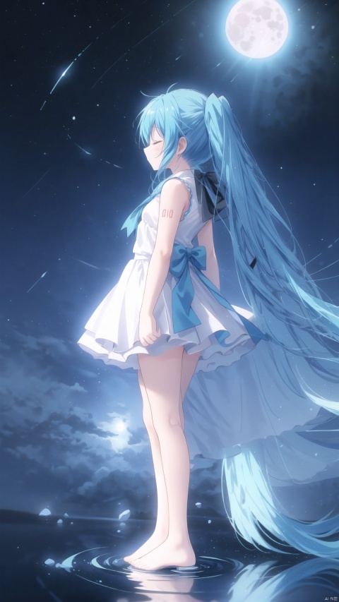 1girl, solo, long hair, dress, ribbon, twintails, very long hair, blue hair, standing, full body, closed eyes, sky, barefoot, sleeveless, water, white dress, from side, profile, night, floating hair, sleeveless dress, moon, star \(sky\), night sky, full moon, wading, starry sky, skirt hold, absurdly long hair, ripples, hatsune miku
