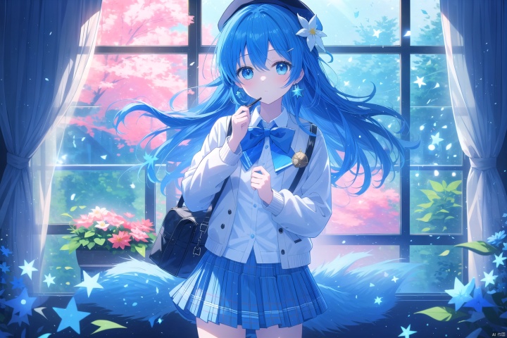  1girl, solo, long hair, looking at viewer, blush, bangs, blue eyes, skirt, shirt, hair ornament, long sleeves, hat, bow, hair between eyes, jewelry, closed mouth, school uniform, blue hair, standing, jacket, white shirt, flower, cowboy shot, pleated skirt, earrings, open clothes, collared shirt, indoors, virtual youtuber, hand up, hair flower, miniskirt, bowtie, bag, star \(symbol\), open jacket, blue skirt, plaid, window, black headwear, beret, plaid skirt, white jacket, cardigan, couch, blue bowtie, plaid bow, hoshimachi suisei (masterpiece), (best quality), illustration, ultra detailed, hdr, Depth of field, (colorful),[miwano rag],[wlop],[[wakaba]],[haneru],deyui, 1girl, eyepatch, virtual youtuber, looking at viewer, solo, :}, backlight, cozy animation scenes, cozy anime
