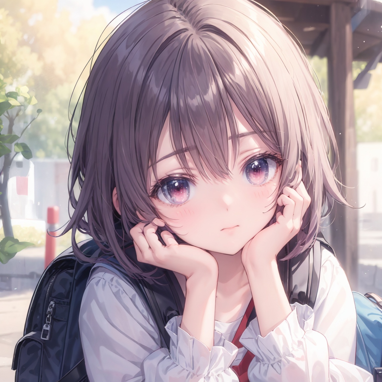 (anime style),  (anime screen), portrait, close up, white-purple hair, red eyes, anime style,  1girl,  solo,  long hair,  looking at viewer,  hair,  blurry,  closed mouth,  blurry background,  jacket,  outdoors,  bag,  blush,  bangs,  long sleeves,  upper body,  backpack,  hand up,  hand on own face,  head rest,  depth of field,  hand on own cheek,  cloud,cuteloli