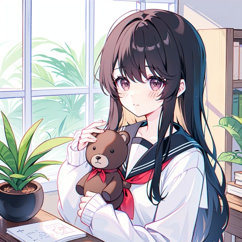  1girl, solo, simple blackgrand,long hair, looking at viewer, blush, bangs, shirt, black hair, long sleeves, holding, closed mouth, school uniform, white shirt, upper body, serafuku, indoors, sailor collar, black eyes, neckerchief, sleeves past wrists, book, window, stuffed toy, cardigan, stuffed animal, plant, red neckerchief, holding book, black sailor collar, teddy bear, potted plant, shelf