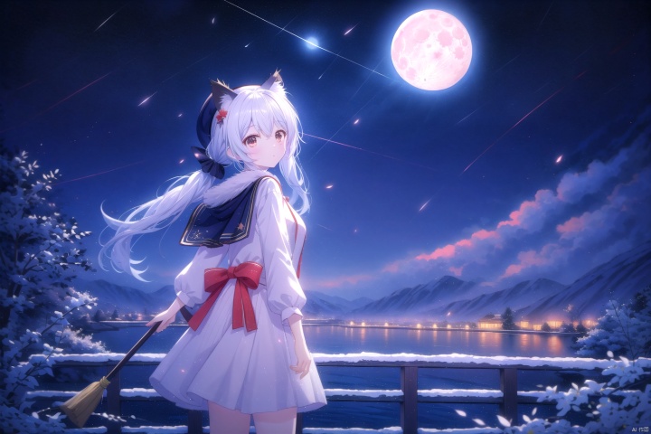  tianliang duohe fangdongye,chen bin,omone,,（(masterpiece, best quality)),beautifuldetailedlighting,1girl, watercolor \(medium\),1girl, solo, looking at viewer, 1girl,catgirl, white hair, twintails, witch hat, white dress,holding broom, night sky, full moon, flying on broom, looking back, stars, very detailed