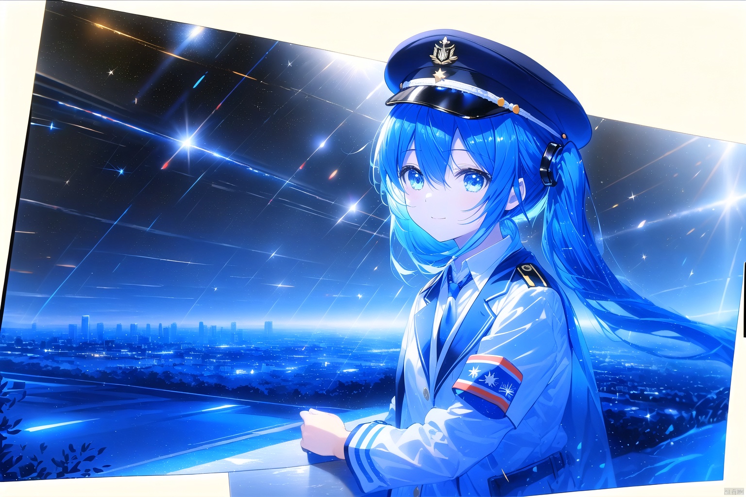  1girl, solo, long hair, looking at viewer, smile, bangs, skirt, shirt, long sleeves, hat, hair between eyes, twintails, sitting, very long hair, closed mouth, blue hair, jacket, white shirt, pleated skirt, outdoors, necktie, sky, collared shirt, black skirt, uniform, black jacket, grey eyes, military, dutch angle, military uniform, night, low twintails, star \(sky\), night sky, armband, peaked cap, starry sky, military hat, blue necktie, hand on headwear,Hyperrealistic, Hyperdetailed, Realism Photo of a futuristic city, (Brilliant light), cinematic lighting, nebula, planets, shiny sunrays, cinematic, 8K, hyperdetailed, photo-realistic, 50mm lens, f/2.8, natural lighting, HDR, Kodak Ektar, macro lens, sharp focus, photo-realistic, 50mm lens, f/2.8, natural lighting, HDR, kanade, [(white background:1.5)::5]