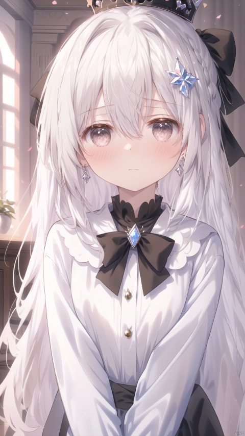 1girl, solo, long hair, looking at viewer, blush, bangs, long sleeves, bow, hair between eyes, brown eyes, jewelry, closed mouth, upper body, white hair, grey eyes, fur trim, black bow, expressionless, crown, gem, crystal
