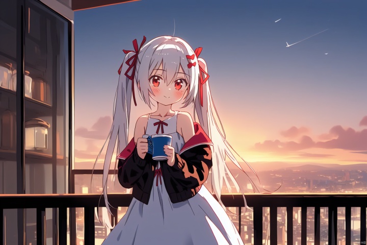  1girl, solo, long hair, looking at viewer, blush, bangs, hair ornament, red eyes, long sleeves, dress, ribbon, holding, hair between eyes, bare shoulders, twintails, very long hair, closed mouth, standing, collarbone, jacket, hair ribbon, white hair, open clothes, sky, sleeveless, cloud, indoors, off shoulder, white dress, open jacket, red ribbon, cup, black jacket, window, sleeveless dress, halterneck, building, holding cup, pink ribbon, sunset, railing, clock, cityscape, tower