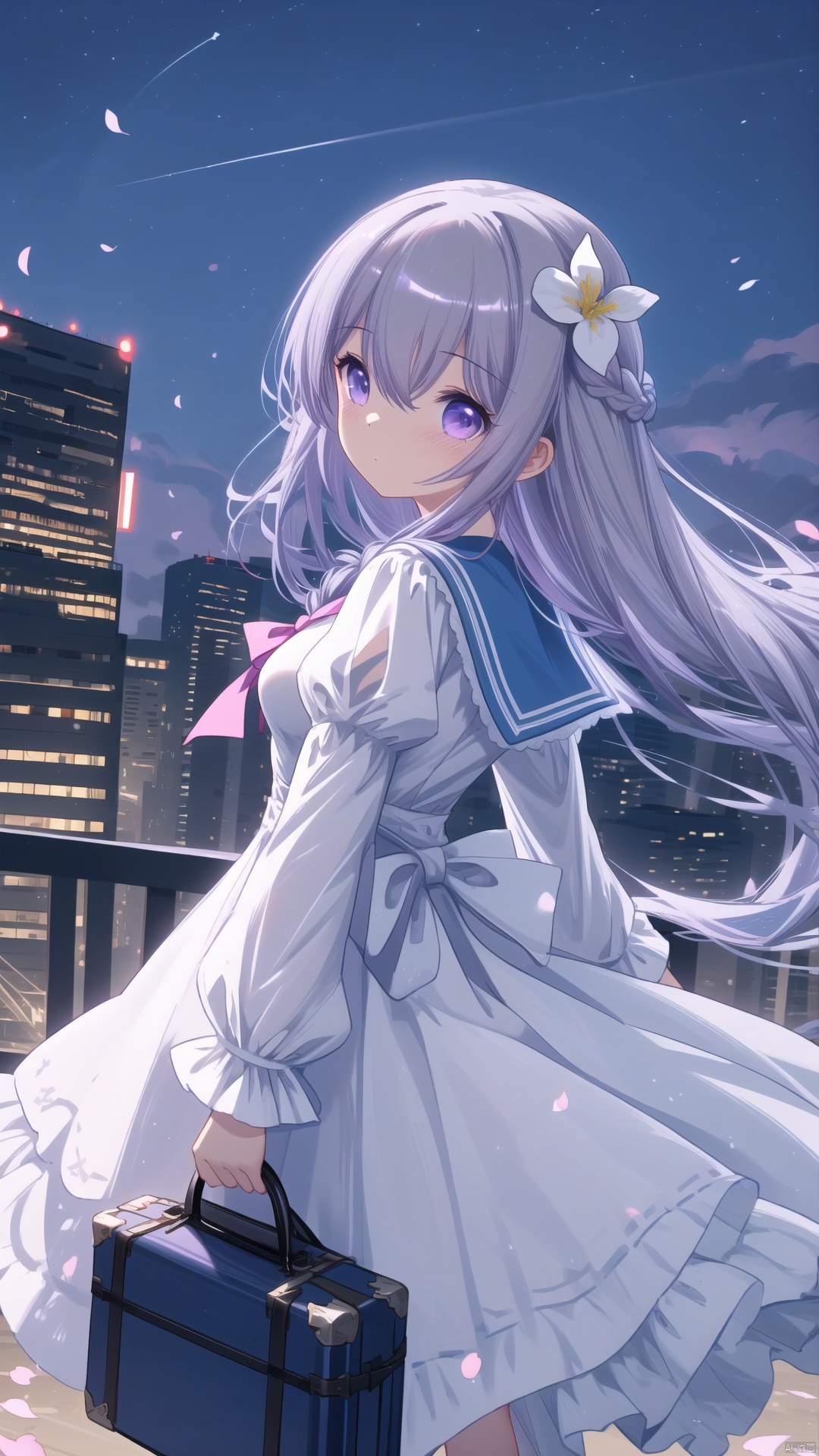 1girl, solo, long hair, breasts, looking at viewer, blush, bangs, blue eyes, hair ornament, long sleeves, dress, bow, hair between eyes, very long hair, closed mouth, standing, purple eyes, braid, flower, grey hair, multicolored hair, outdoors, sky, puffy sleeves, looking back, hand up, hair flower, bowtie, sailor collar, white dress, looking to the side, petals, night, floating hair, blue bow, building, night sky, sailor dress, white sailor collar, city, cityscape, suitcase