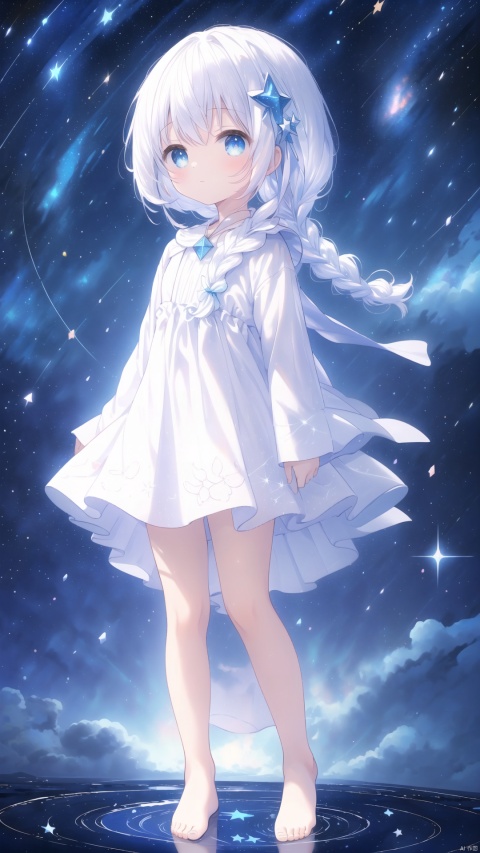 , ,(masterpiece), (best quality), illustration, ultra detailed, hdr, Depth of field, (colorful), loli, ((an array of stars)), ((starry sky)), the Milky Way, star, Reflecting the starry water surface, (1girl:1.3), awhite hair, blinking, white dress, closed mouth, constel lation, white hair, braid, blinking, white robe, barefoot, float, flat color, looking up, standing, medium hair, standing, solo, space, universe, Nebula, many stars, fanxing