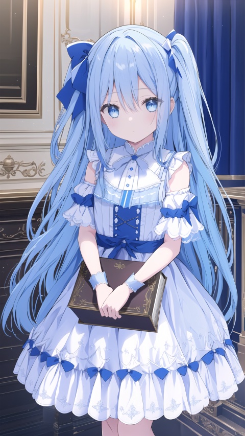  1girl, solo, long hair, looking at viewer, bangs, blue eyes, skirt, dress, bow, holding, hair between eyes, bare shoulders, very long hair, closed mouth, blue hair, standing, short sleeves, hair bow, cowboy shot, detached sleeves, puffy sleeves, indoors, white dress, two side up, puffy short sleeves, wrist cuffs, book, hands up, blue bow, white skirt, holding book, white sleeves