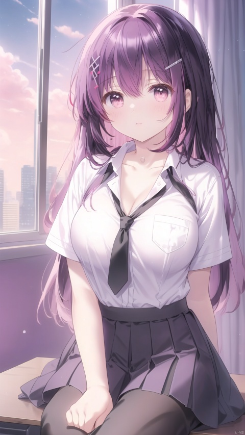 1girl, solo, long hair, breasts, looking at viewer, bangs, skirt, shirt, black hair, hair ornament, red eyes, cleavage, medium breasts, sitting, closed mouth, school uniform, collarbone, white shirt, pink hair, purple hair, short sleeves, pantyhose, multicolored hair, pleated skirt, necktie, sky, day, hairclip, collared shirt, cloud, indoors, miniskirt, black skirt, uniform, two-tone hair, lips, book, black pantyhose, window, feet out of frame, chair, curtains, building, black necktie, desk, between legs, hand between legs, colored inner hair, cityscape, breast pocket, computer, skyscraper