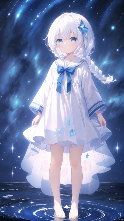 , ,(masterpiece), (best quality), illustration, ultra detailed, hdr, Depth of field, (colorful), loli, ((an array of stars)), ((starry sky)), the Milky Way, star, Reflecting the starry water surface, (1girl:1.3), awhite hair, blinking, white dress, closed mouth, constel lation, white hair, braid, blinking, white robe, barefoot, float, flat color, looking up, standing, medium hair, standing, solo, space, universe, Nebula, many stars, fanxing