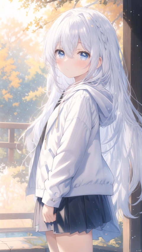 1girl, solo, long hair, looking at viewer, blush, bangs, blue eyes, skirt, shirt, long sleeves, hair between eyes, very long hair, closed mouth, standing, jacket, white shirt, white hair, cowboy shot, pleated skirt, outdoors, open clothes, day, hood, from side, open jacket, blue skirt, black jacket, looking to the side, hoodie, sunlight, white skirt, hood down, own hands together, hooded jacket