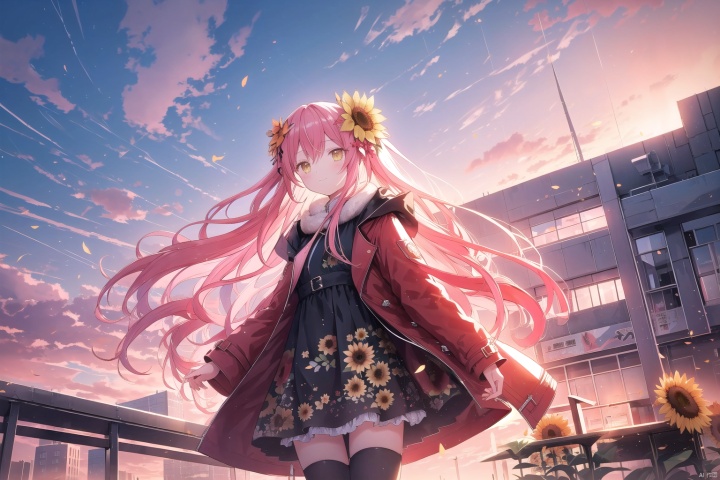 1girl, solo, long hair, looking at viewer, smile, bangs, hair ornament, thighhighs, long sleeves, dress, hair between eyes, very long hair, closed mouth, standing, jacket, yellow eyes, white shirt, pink hair, flower, outdoors, open clothes, sky, black thighhighs, cloud, hair flower, black dress, open jacket, zettai ryouiki, coat, floating hair, feet out of frame, floral print, cloudy sky, wind, building, red jacket, sunset, open coat, yellow flower, sunflower, cityscape, red coat, evening, sunflower hair ornament