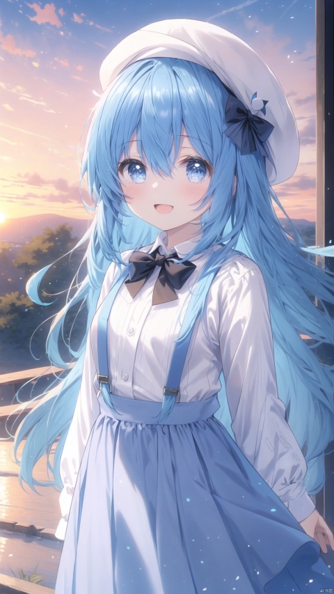 1girl, solo, long hair, looking at viewer, blush, smile, open mouth, bangs, blue eyes, skirt, shirt, long sleeves, hat, dress, bow, hair between eyes, very long hair, blue hair, standing, white shirt, :d, outdoors, sky, cloud, white dress, arms up, white headwear, blue bow, suspenders, sunset, suspender skirt