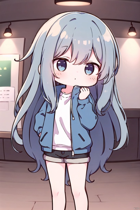 1girl, solo, long hair, looking at viewer, hair, blurry, blurry background, blush, bangs, depth of field,cuteloli,solo,long hair,blue eyes,shirt,hair between eyes,very long hair,blue hair,standing,jacket,,shorts,short shorts,,blue jacket,track jacket,chibi, kanade