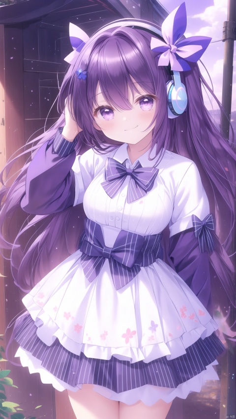 1girl, solo, long hair, breasts, looking at viewer, blush, smile, bangs, hair ornament, long sleeves, dress, bow, hair between eyes, closed mouth, standing, purple eyes, purple hair, flower, hair bow, outdoors, sky, day, striped, cloud, hair flower, bowtie, white dress, two side up, hands up, headphones, blue bow, hair intakes, purple bow, striped bow