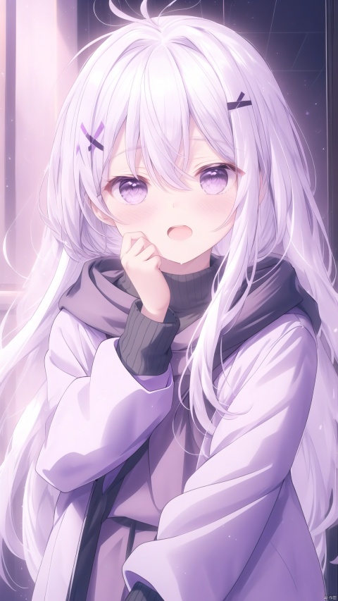 1girl, solo, long hair, looking at viewer, blush, open mouth, bangs, hair between eyes, purple eyes, jacket, upper body, white hair, teeth, cum, facial, crossed bangs, suggestive fluid