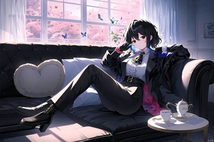1girl,solo,indoors,breasts,multicolored hair,sitting,gloves,cup,white hair,looking at viewer,symbol-shaped pupils,pants,bug,x-shaped pupils,window,crossed legs,black gloves,bangs,black eyes,black hair,full body,curtains,high heels,teacup,butterfly,streaked hair,large breasts,two-tone hair,hair between eyes,black pants,parted lips,couch,long sleeves,alternate costume,black footwear,short hair,fur trim,hand up,frills,spider web,jacket,pant suit,jewelry,long hair,table,silk,sidelocks,brooch,shirt,light particles,asymmetrical hair,saucer,boots,on couch, tianliang duohe fangdongye,chen bin,omone hokoma agm
tianliang duohe fangdongye,chen bin,omone hokoma agm,torino aqua,（（game cg style））,(masterpiece),(best quality),illustration,ultra detailed,hdr,Depth of field,(colorful)