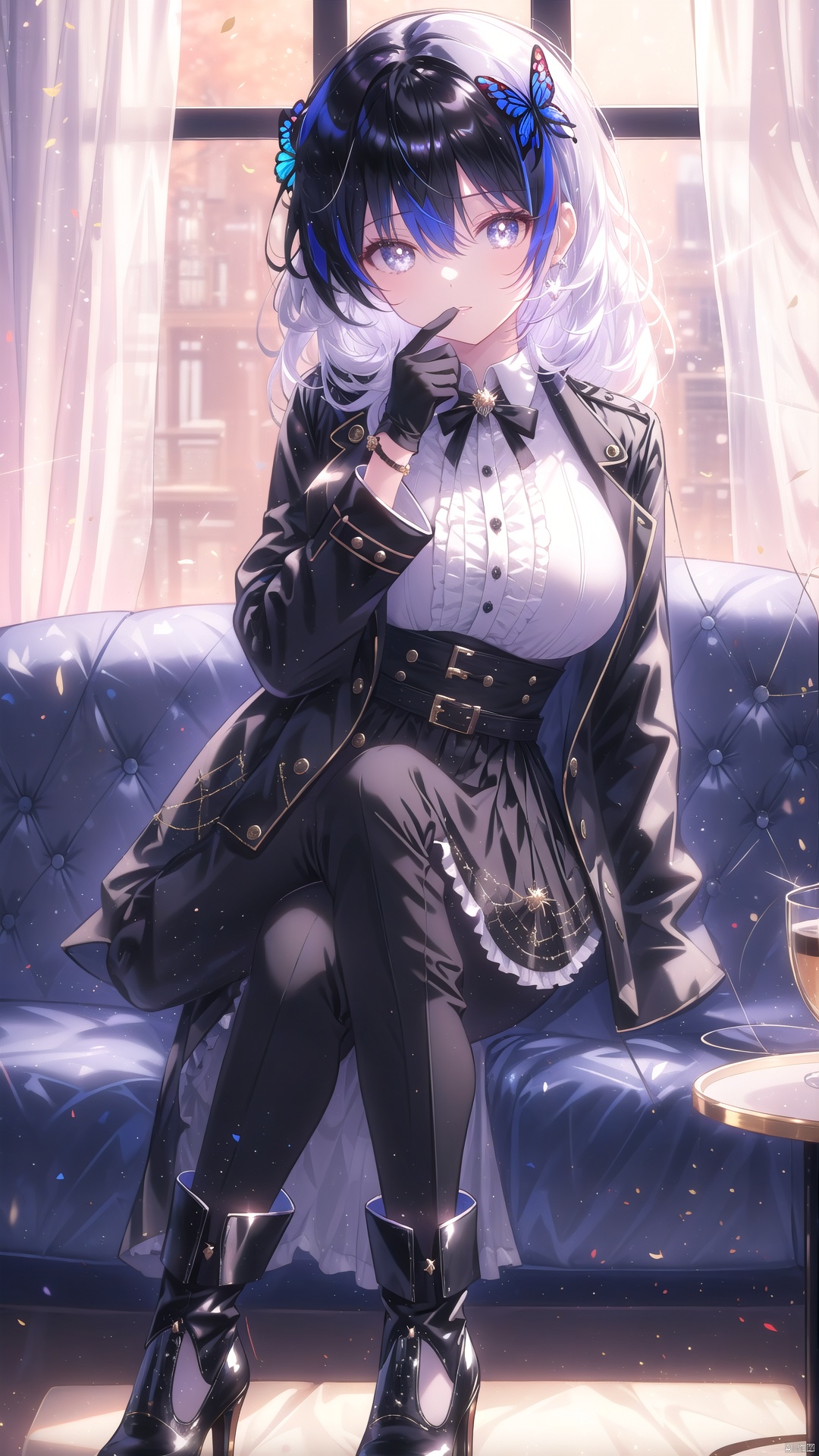 1girl,solo,indoors,breasts,multicolored hair,sitting,gloves,cup,white hair,looking at viewer,symbol-shaped pupils,pants,bug,x-shaped pupils,window,crossed legs,black gloves,bangs,black eyes,black hair,full body,curtains,high heels,teacup,butterfly,streaked hair,large breasts,two-tone hair,hair between eyes,black pants,parted lips,couch,long sleeves,alternate costume,black footwear,short hair,fur trim,hand up,frills,spider web,jacket,pant suit,jewelry,long hair,table,silk,sidelocks,brooch,shirt,light particles,asymmetrical hair,saucer,boots,on couch,