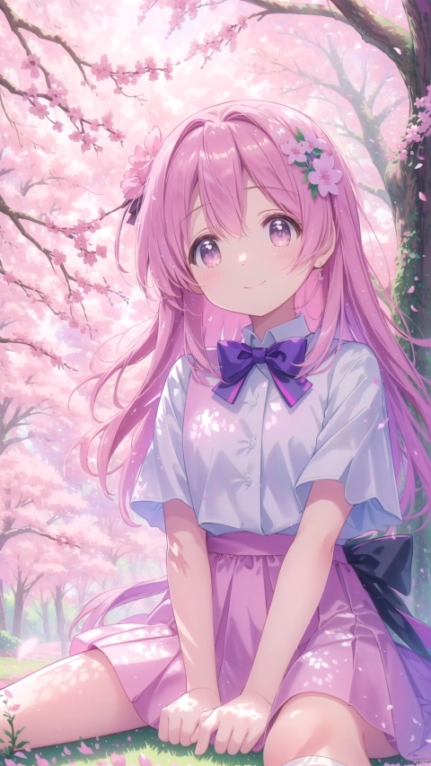  ((masterpiece, best quality)),girl, solo, looking at viewer, blush, smile, 1girl,[sitting under the sakura tree,knee up], (from below,wide shot,mid shot,full body,panorama,depth of field),(looking up),(pink petals,tyndall effect,English text)
（（game cg style））,(masterpiece),(best quality),illustration,ultra detailed,hdr,Depth of field,(colorful)nes, purple theme, watercolor \(medium\), mahiro