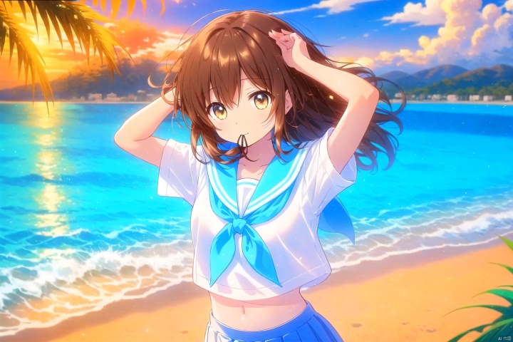 1girl, solo, long hair, breasts, looking at viewer, bangs, skirt, brown hair, shirt, brown eyes, school uniform, standing, white shirt, short sleeves, pleated skirt, outdoors, serafuku, midriff, sailor collar, water, hair over one eye, arms up, neckerchief, ocean, mouth hold, beach, hair tie, yellow neckerchief, tying hair, hair tie in mouth , (masterpiece), (best quality), illustration, ultra detailed, hdr, Depth of field, (colorful),[miwano rag],[wlop],[[wakaba]],[haneru],deyui, 1girl, virtual youtuber, looking at viewer, solo, :}