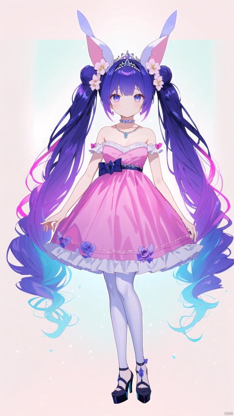 1girl, solo, long hair, looking at viewer, bangs, skirt, dress, animal ears, bare shoulders, twintails, jewelry, very long hair, blue hair, standing, full body, purple hair, flower, pantyhose, multicolored hair, necklace, hair bun, high heels, strapless, double bun, gradient hair, rose, tiara, pink dress, pink flower, pink skirt, white pantyhose, green background, pink rose