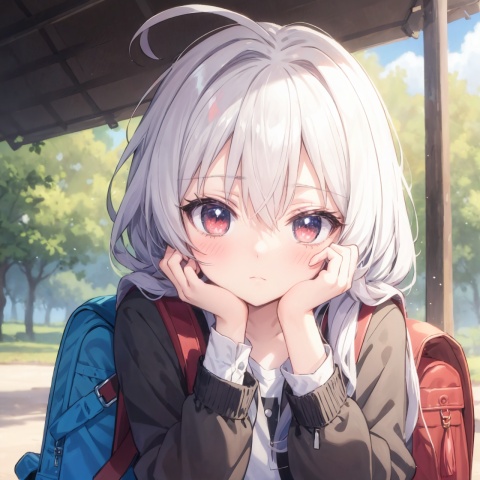 (anime style),  (anime screen), portrait, close up, white hair, red eyes, anime style,  1girl,  solo,  long hair,  looking at viewer,  hair,  blurry,  closed mouth,  blurry background,  jacket,  outdoors,  bag,  blush,  bangs,  long sleeves,  upper body,  backpack,  hand up,  hand on own face,  head rest,  depth of field,  hand on own cheek,  cloud,cuteloli,niji