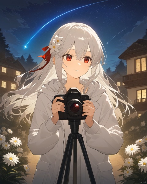 1girl, solo, long hair, bangs, hair ornament, red eyes, long sleeves, ribbon, holding, hair between eyes, jacket, hair ribbon, upper body, flower, white hair, outdoors, parted lips, open clothes, sky, cloud, hood, tree, hoodie, night, looking away, white jacket, hood down, white flower, building, star \(sky\), night sky, hooded jacket, starry sky, camera, holding camera, shooting star, telescope