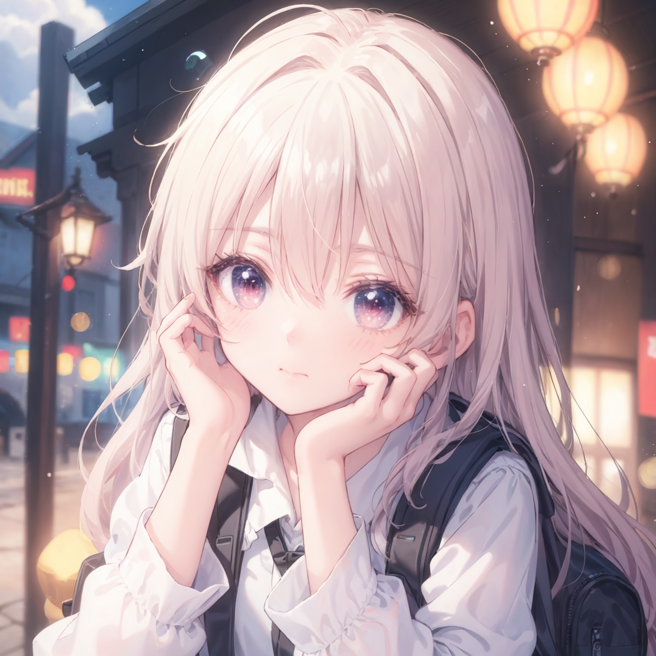 (anime style),  (anime screen), portrait, close up, white-purple hair, red eyes, anime style,  1girl,  solo,  long hair,  looking at viewer,  hair,  blurry,  closed mouth,  blurry background,  jacket,  outdoors,  bag,  blush,  bangs,  long sleeves,  upper body,  backpack,  hand up,  hand on own face,  head rest,  depth of field,  hand on own cheek,  cloud,cuteloli
